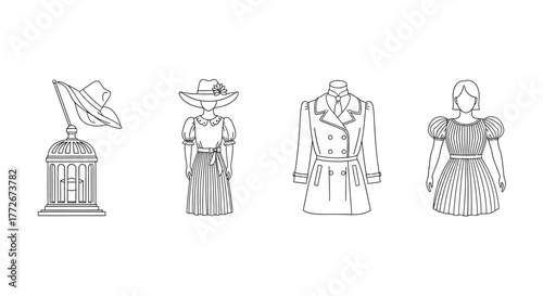 Ornate vintage figures and structures hand drawn sketch artistic line art vector