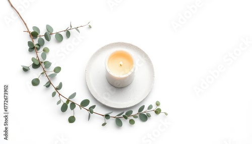 Minimalist Composition Featuring a Burning Candle with Green Foliage Accenting its Delicate Glow on a White Backdrop
