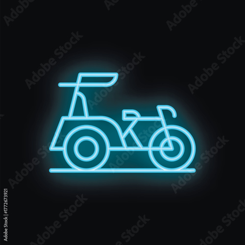 Blue neon sign of a traditional asian tricycle taxi, a popular mode of transportation in many countries