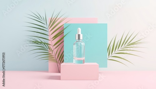 Serum bottle presented on a stage with soft pastel colors and botanical accents creates an inviting aesthetic beauty scene