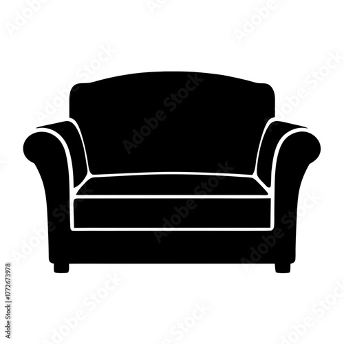 Simple black and white illustration of a comfortable looking upholstered armchair