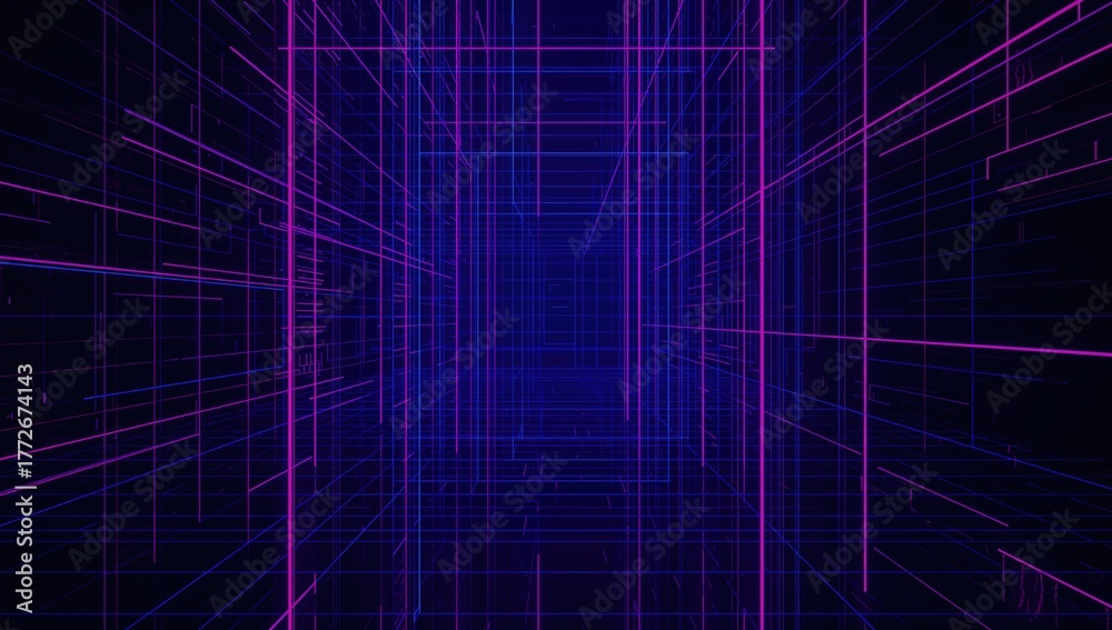 Obraz premium Futuristic computing technology with geometric cubic patterns in ultraviolet, suitable for UI backdrop