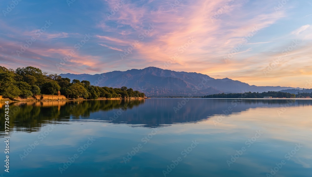 Fototapeta premium Twilight scene of a mountain and lake water at a scenic lake