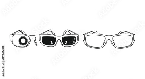 Three pairs of glasses showcase different lens options for vision correction and protection vector