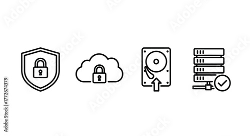 Cloud computing security data storage and backup icons representing digital safety and information technology concepts vector