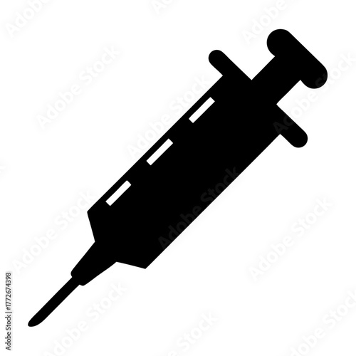 Black silhouette of hypodermic syringe used for medical injection, vaccinations, and treatments