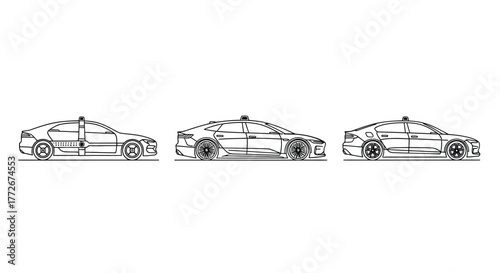 Three distinct sedan car profiles side view artistic sketch with mechanical details vector