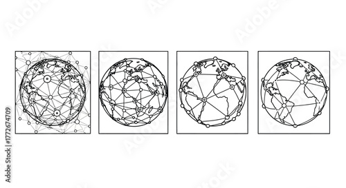Four celestial sphere constellation maps showing stars planets and earth diagrams in a scientific sequence vector