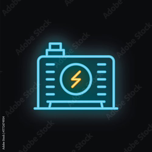 Bright neon icon depicting an electric generator, illuminating the concept of reliable backup power during outages