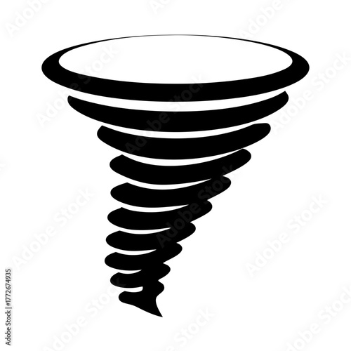 Black and white image depicting a stylized swirling vortex or tornado