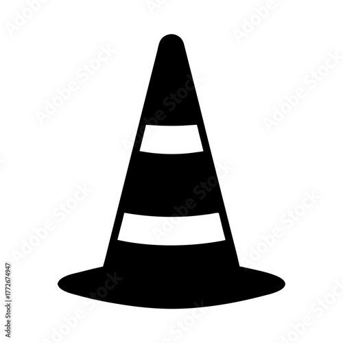 A simplistic black and white illustration of a traffic cone object