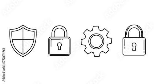 Hand drawn security icons set featuring shield padlock and gear symbol for protection and system settings vector