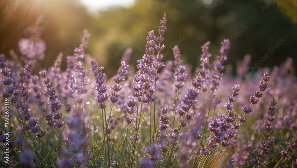 Fototapeta premium Sunlit lavender blooms captured up close in a meadow