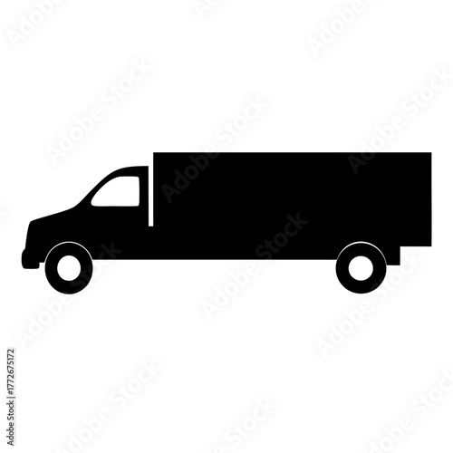 Black and white minimalist illustration of a long delivery truck icon