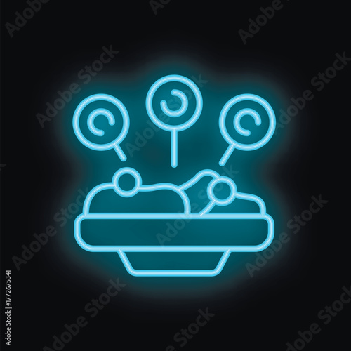 Blue neon sign representing a candy bar with a bowl full of colorful candies and lollipops