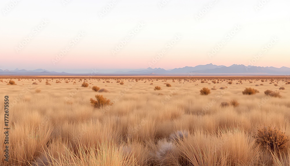 Fototapeta premium Golden Plains Stretching to Distant Mountains Under a Soft Hued Sky at Sunrise or Sunset, a Serene and Remote Landscape