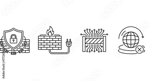 Cybersecurity icons representing firewall protection network security data privacy and digital defense vector