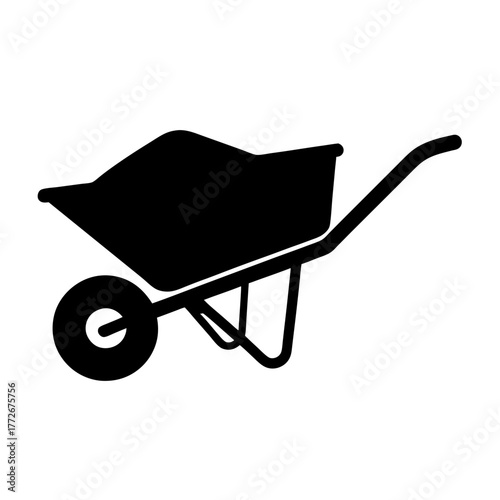 Black and white wheelbarrow icon for construction or gardening projects, loaded material