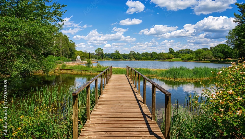 Naklejka premium Scenic outdoor view featuring a bridge spanning a calm pond in a natural park setting