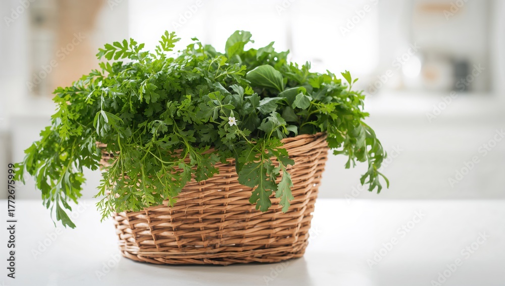 Fototapeta premium Basket filled with assorted fresh herbs on a white backdrop, ideal for culinary use
