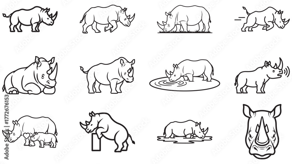 Obraz premium A collection of black line art icons depicting Rhinoceroses in various poses and actions.