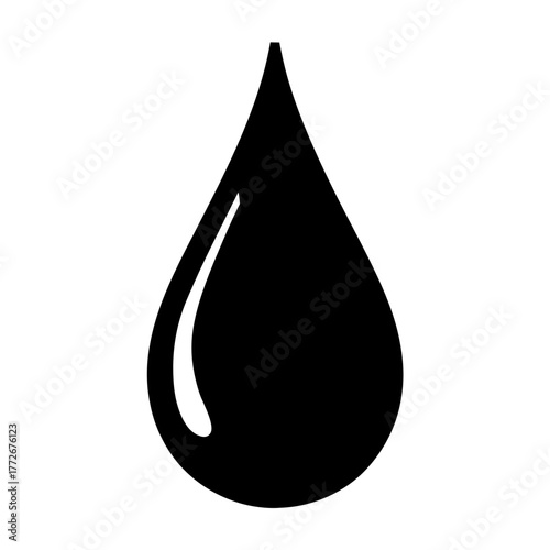 Black water droplet icon in silhouette style, Simple black silhouette of a water drop, symbolizing liquid, hydration, or purity, commonly used in eco and utility designs.

