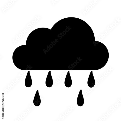 Rain cloud weather icon in black silhouette, Black silhouette icon of a cloud with falling raindrops, symbolizing rain or bad weather, used in forecasts and apps.
