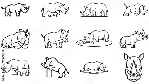 A collection of black line art icons depicting Rhinoceroses in various poses and actions.