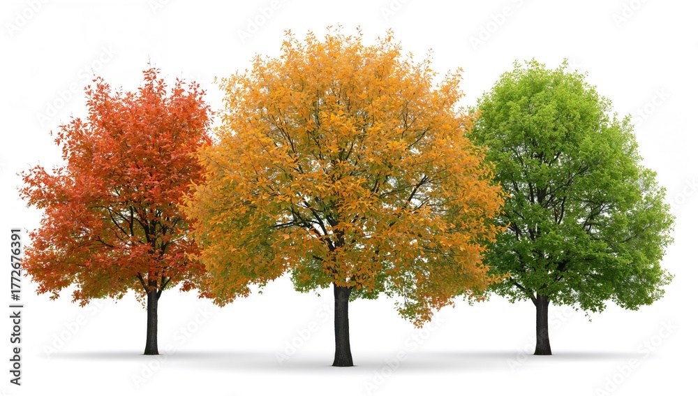 Naklejka premium Close-up view of multiple trees showcasing autumn and spring seasons on a white backdrop with clipping path