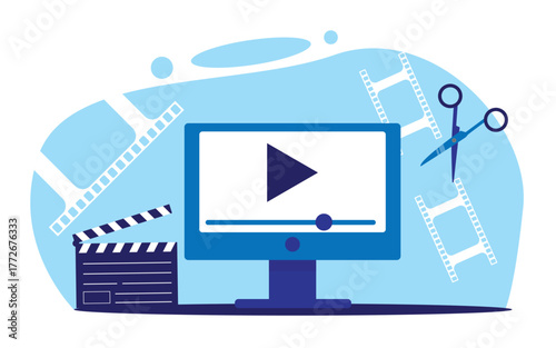 Film and Video Editing Attributes Slate and Reel Desktop Computer. Cinema industry and motion picture production vector art
