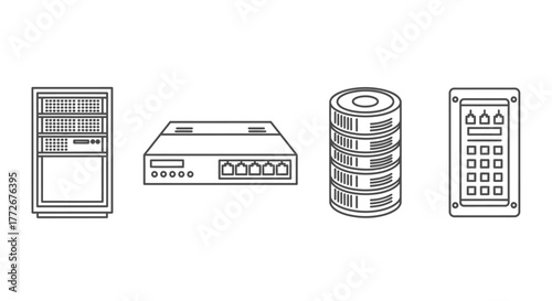 Collection of vintage electronic devices and technology line art icons vector