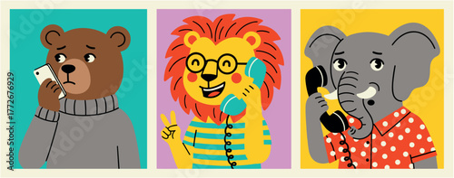 Cartoon animals talking on phones in a playful modern style.