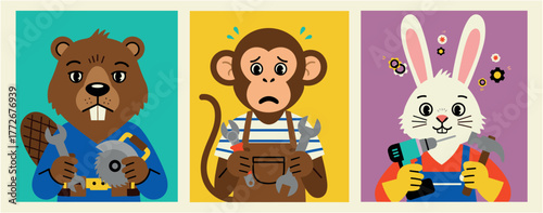 Funny cartoon animals including monkey, bear, rabbit, and others holding tools and gears, dressed as mechanics in a colorful pop art style. Perfect for concepts of repair, teamwork, and craftsmanship.