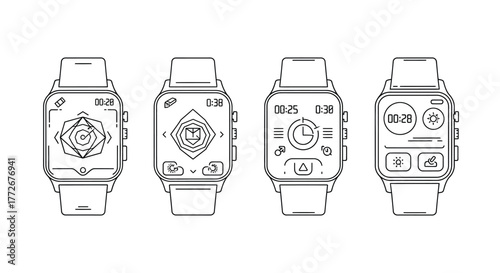 Modern smartwatch designs featuring diverse digital interfaces and futuristic functionality technology vector