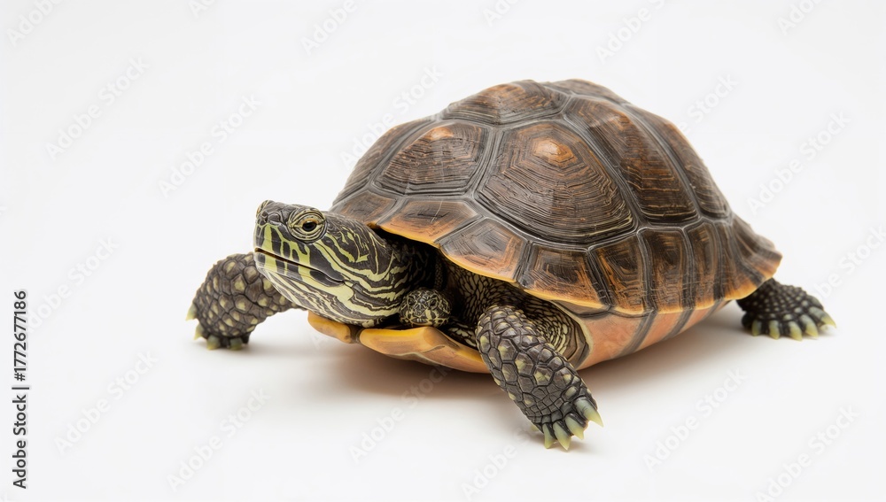 Naklejka premium Brazilian turtle with a cute expression and a baby turtle on a white background, focus on nurturing bond
