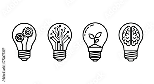 Four hand drawn light bulb icons representing innovation ideas vector