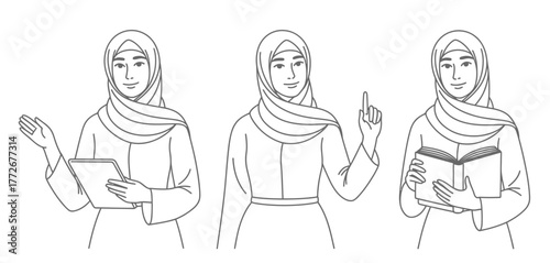 Simple line art vector illustration of three muslim women in various poses holding objects vector