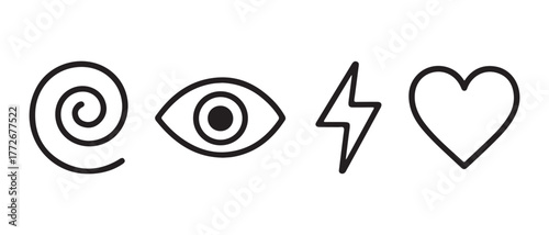 Abstract Symbol Icon Set. Spiral, Eye, Lightning Bolt, and Heart Silhouettes in Black.