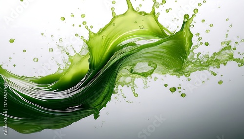 A dynamic liquid motion advertisement for a healthy drink or smoothie featuring a solitary green juice splash on a white background