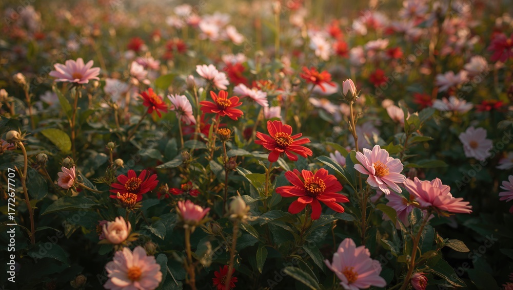 Fototapeta premium Scarlet blossoms against a floral backdrop
