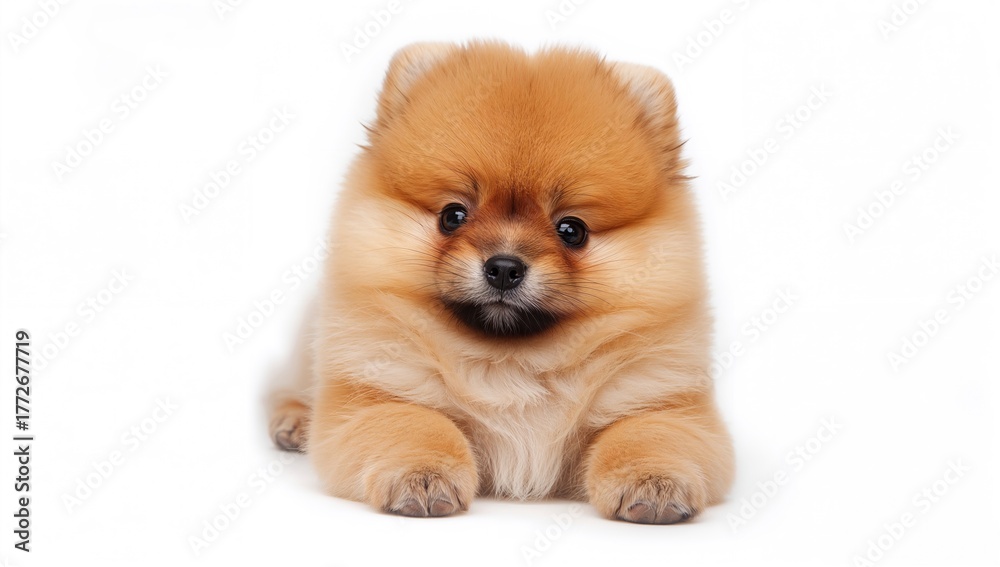 Obraz premium Adorable Pomeranian puppy against a white backdrop, playful demeanor