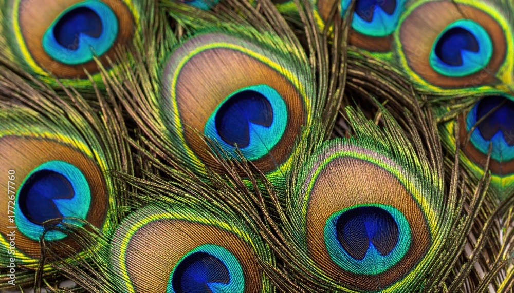 Fototapeta premium An eye-catching, up-close view of peacock feathers, showcasing their vibrant colors and intricate patterns. The image emphasizes the beauty and detail of the feather’s unique design.