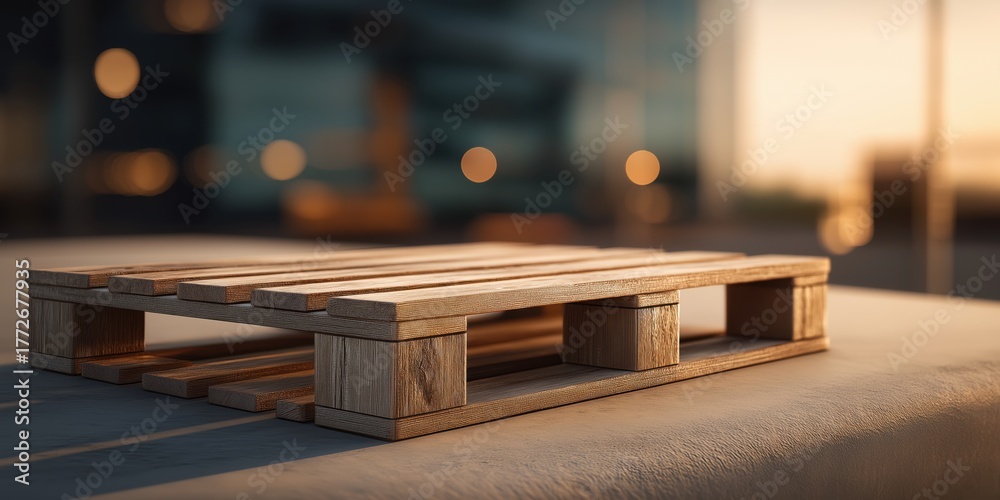 Obraz premium Wooden pallet sitting on a concrete surface during sunset showing a warm glow from the background.