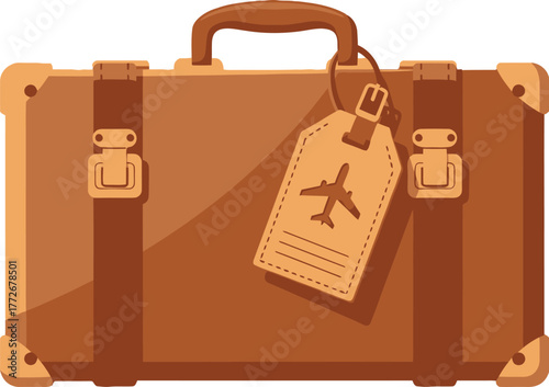 Brown suitcase with airplane tag on blue background for travel design