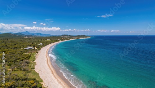 Fototapeta Naklejka Na Ścianę i Meble -  Aerial view of Brela beach and shoreline, highlighting erosion risk