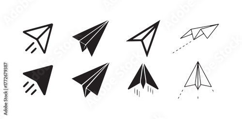 Paper Airplane Icon Set, Minimal Vector Collection of Origami Plane Symbols. Vector illustration eps 10
