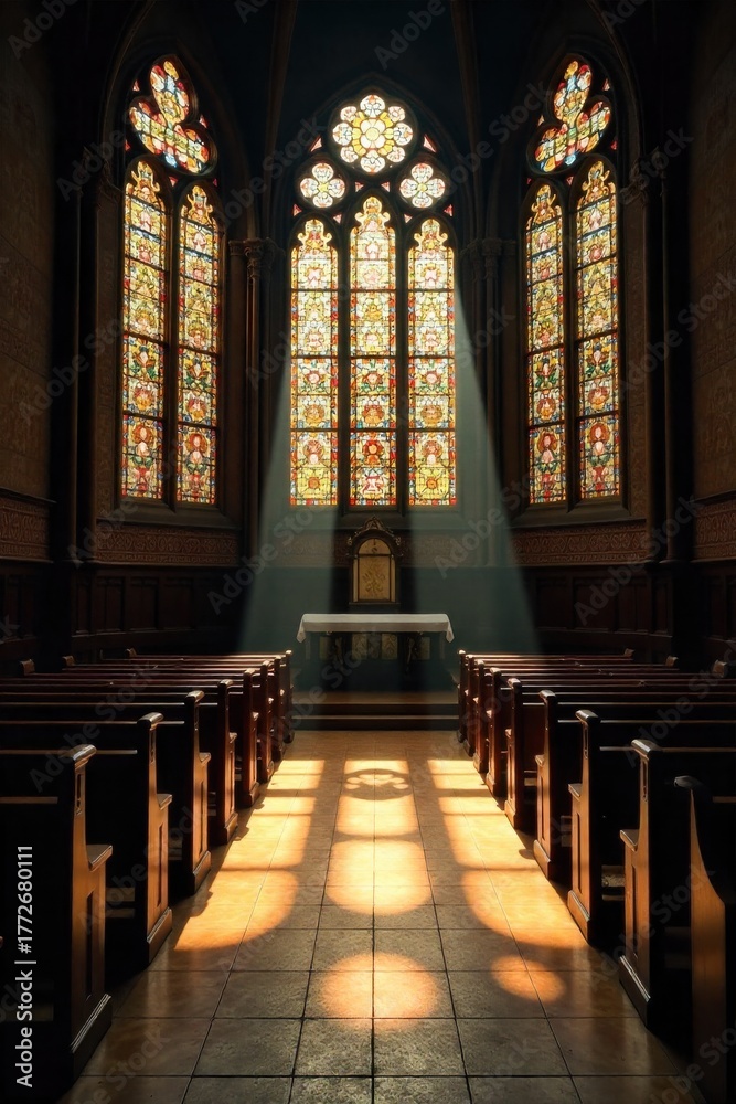Fototapeta premium Sacred Sanctuary Light Sunlight streaming through intricate stained glass windows in a grand church interior, casting colorful beams onto an empty wooden altar and rows of pews. No people or human