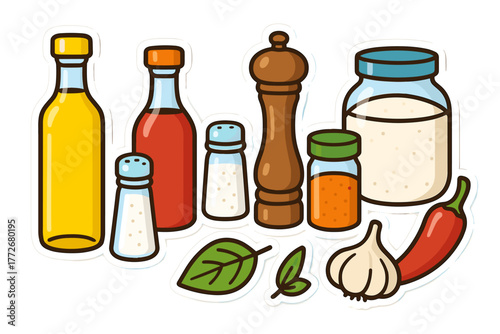 Various food ingredients including spices and sauces in colorful style - Concept of set of vector stickers  