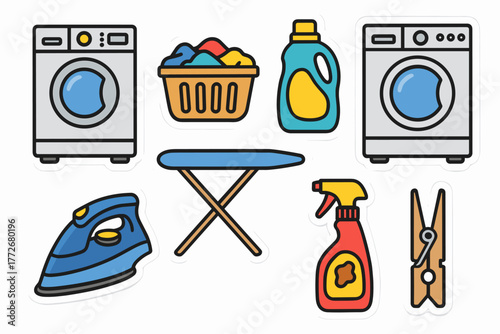 Vector stickers of laundry equipment and cleaning supplies  