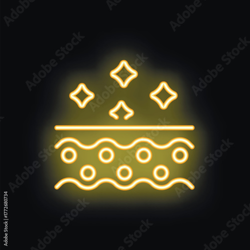Yellow neon icon representing skin hydration, with glowing stars symbolizing the treatment's effectiveness